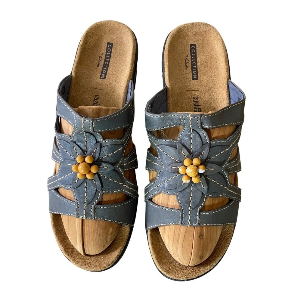 Clarks Leather Slip-On Wedge Sandals Shoes Floral Embellishment Gray Size 9